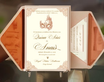 Quinceañera’s Masquerada Invitations Blush Quinceanera Invitations with Rose Gold Liner - Elegant and Glamorous . Invitations complete set