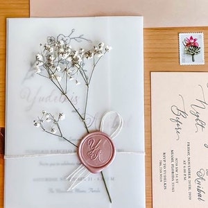 Puede incluir: Un conjunto de invitaciones de boda con una invitaci&oacute;n transl&uacute;cida con delicados detalles florales y un sello de cera rosa. La invitaci&oacute;n est&aacute; atada con una cinta blanca e incluye los nombres "Yudetris" y "Anibal". Tambi&eacute;n se ve una tarjeta a juego y un sello floral.