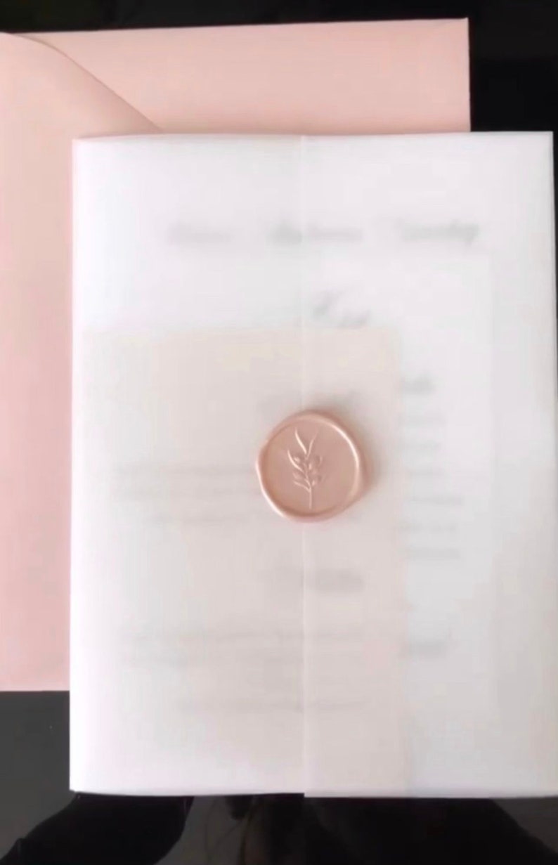 Puede incluir: Un conjunto de invitaciones de boda con una invitaci&oacute;n blanca, un sello de cera rosa claro con un dise&ntilde;o de ramita y un sobre rosa. El dise&ntilde;o es sencillo y cl&aacute;sico, creando una est&eacute;tica delicada y elegante.