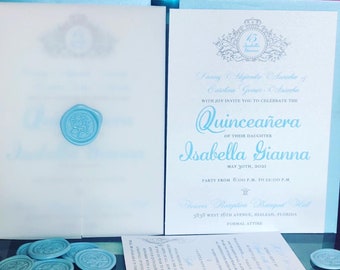 Quinceanera Invitation Vellum Cover and rose wax seal . Quinceañera Invitations Invitaciones de Quinceañera 15th Spanish and English invites