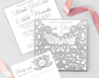 Wedding Invitations Silver Wedding Suite Invitations Set . Real Silver foil Invitations Customizable RSVP Envelopes FREE Addressed Included