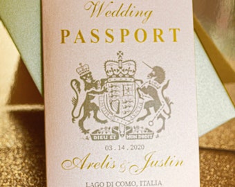 Invitación de pasaporte para la boda - Tarjeta de embarque RSVP - Diseño moderno totalmente ensamblado y personalizado - Invitación de boda de destino
