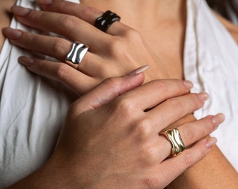 Rectangle wavy ring Chunky silver ring