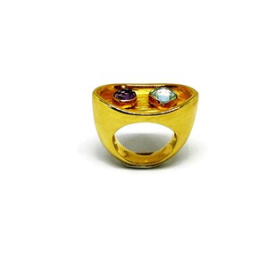 Two stone ring in gold plated silver featuring amethyst and topaz gemstones, a chunky ring for women with elegant design and unique craftsmanship.