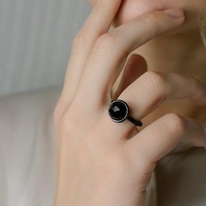 Handmade Black Onyx Ring: Black Plated Silver, 10mm Stone &quot;Velvet Enchantment&quot;