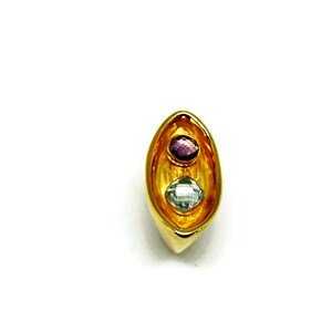 Chunky gold plated ring for women with amethyst and topaz, a stunning two stone ring perfect for statement looks or gift ideas for women.