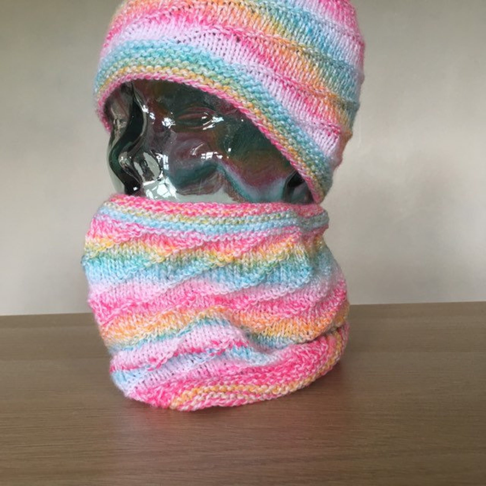 Knitted Rainbow Hat With Pom Pom and Neck Warmer, Handmade Beanie and ...
