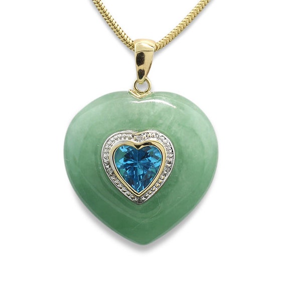Jade pendant Heart of green jade with heart cut blue topaz 585 yellow gold jewelry for lovers, wedding, anniversary