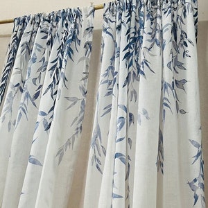 Leaf Cotton Linen Tulle Curtains, Blue White Gauze Curtains ,Sheer Linen Curtain,Rod Pocket Curtain Blue Green,Custom Size Curtains