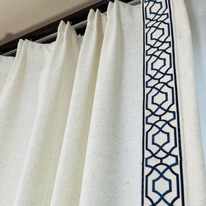 Navy Blue Trim White Linen Curtains, Thick Linen Curtain With Embroidery Trim,Handmade Curtains ,Fabric Color and Trim can be Customized