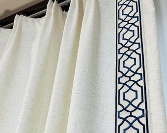 Navy Blue Trim White Linen Curtains, Thick Linen Curtain With Embroidery Trim,Handmade Curtains ,Fabric Color and Trim can be Customized