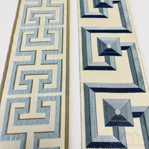 Blue Greek Key Trim,3.1"8cm Fabric Trim for Curtains, Imitated Silk Curtain Trim By the Yard, Jacquard Border Drapery Trim