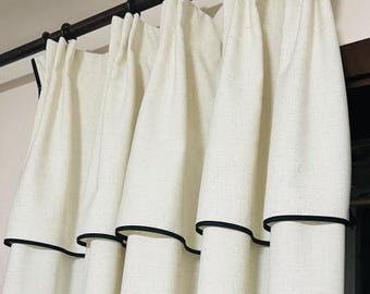 Black Border Valance Linen Curtains , Linen Curtain Panels,French Style Curtains, Custom Size Curtains,Handmade Curtains