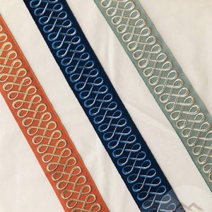 Besticktes Zierband 6,5 cm grün marine Polstervorhangband beige grün dunkelblau 50x40 cm
