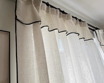 Black Border Valance Curtains ,Sheer Linen Curtain Panels,French Style Tulle Curtains, Custom Size Curtains,Handmade Curtains