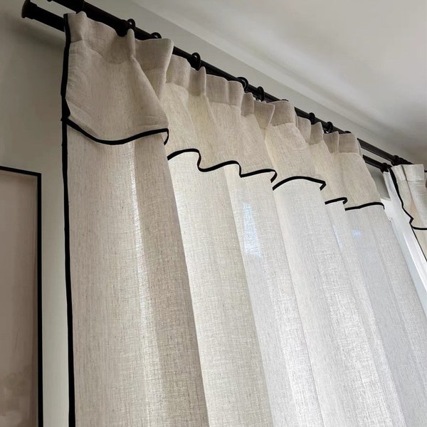 Black Border Valance Curtains ,Sheer Linen Curtain Panels,French Style Tulle Curtains, Custom Size Curtains,Handmade Curtains