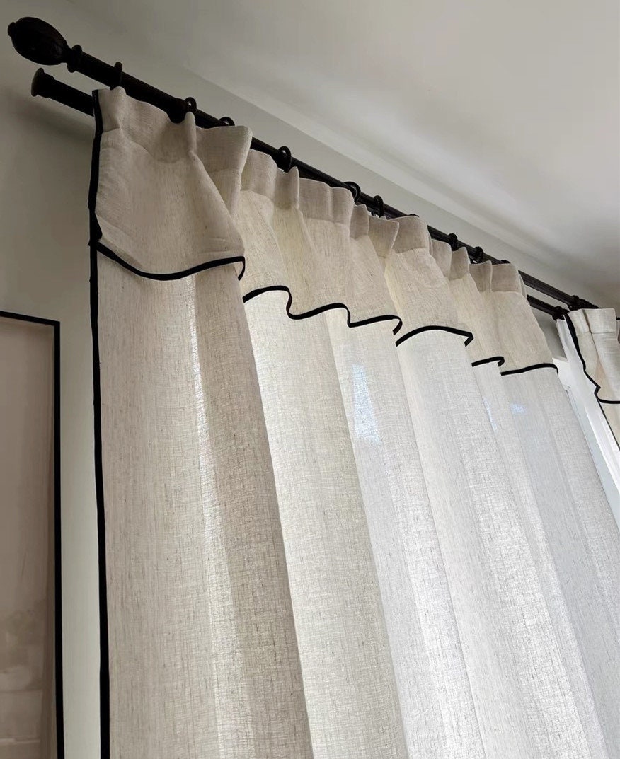 Black Border Valance Curtains ,Sheer Linen Curtain Panels,French Style Tulle Curtains, Custom Size Curtains,Handmade Curtains