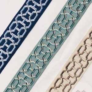 幾何学的なボーダートリム、2.7インチの刺繍トリムテープ、1ヤードあたりのカーテントリム、カーテン用ファブリックトリム、グリーンベージュネイビーカーテンテープ