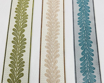 Pode incluir: Três fitas decorativas com um desenho de folhas. As fitas são em tons de verde, bege e azul-turquesa. Cada fita tem um fundo branco com um padrão sutil de zigue-zague. O desenho das folhas é delineado em um tom mais escuro.