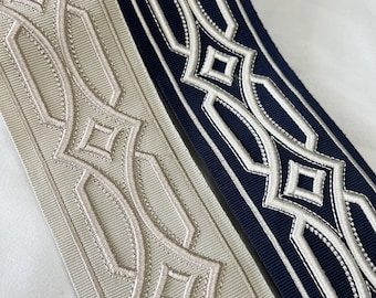 Beige Navy Drapery Trim, 2.9" 7.5cm TrimTape,Embossment Fabric Trim for Curtains ,Decorative Trim,Embroidery Curtain Trim By the Yard
