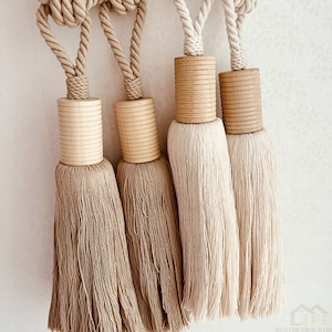 A Pair Cotton Linen Macrame Tie Back Boho Curtain Ties Wood Cap Curtain Holder Decorative Tie Back Boho Home Decor