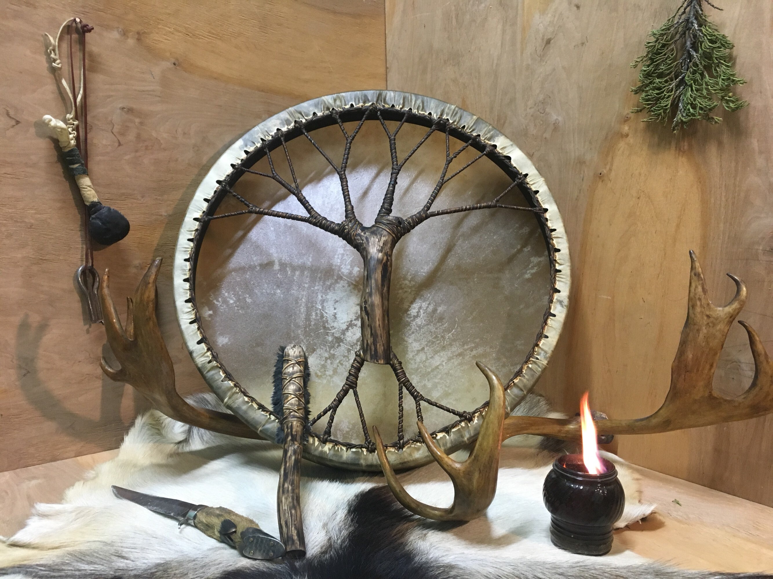 Tambour Chaman Végétalien Avec Baguette - Instrument Guérison Sonore - Décoration Maison
