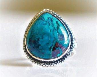 Size 8 Gift for her Natural Chrysocolla ring Light everyday ring 925 sterling silver Small genuine gem Beautiful design