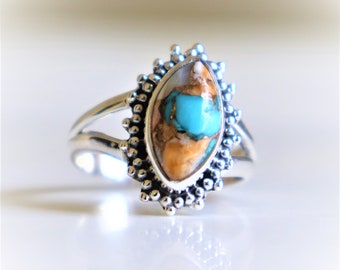 Bague turquoise en cuivre bleu, argent massif 925, cadeau unique, turquoise en cuivre bleu Mohave, bijoux faits à la main, cadeau de Noël, bague Navajo