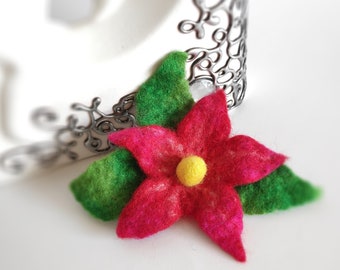 Red flower brooch, Hair accessories, Felted brooch, Eco friendly pin Handmade wool jewelry, Unique gift for her, Accessory, Decorate handbag