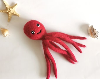 Felted pink octopus, sea wool figurene, Home decor Art dool, Felt octopus ornament