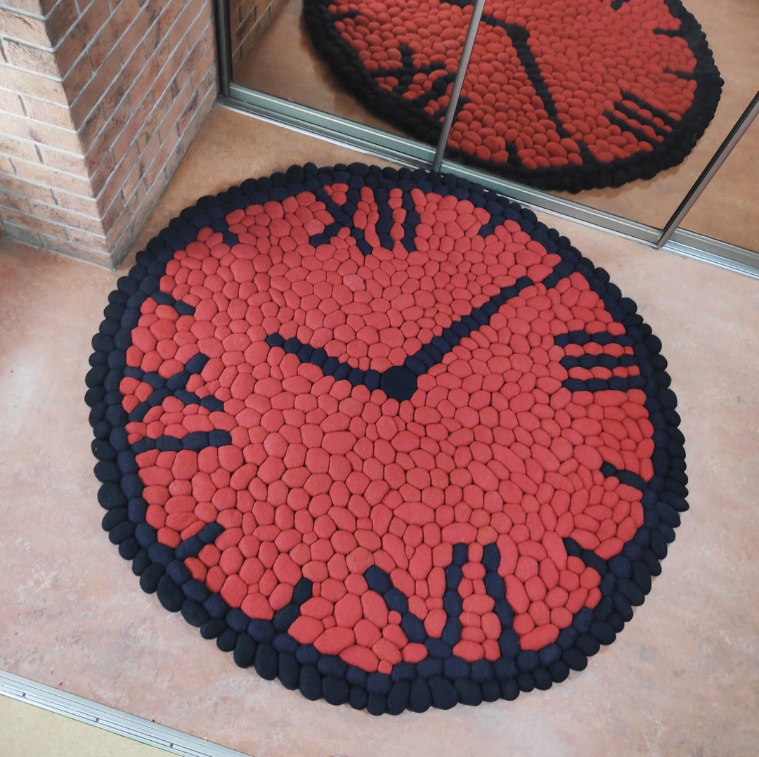 Rug Art Modern Felted Stone Rug Round Red Coral Black Wool Etsy