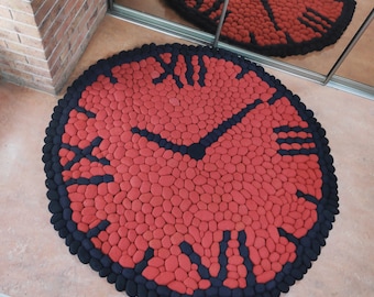 Rug Art Modern Felted Stone Rug, Round Red Coral Black wool Carpet, Contemporary Design Clock carpet, Unique home disign, Unique pebble rug