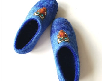 Eco Friendly Blue Warm House Shoes, Felted Wool Children's Slippers, Kids Slippers with rubber sole, Gift for a Child, Size: US 5