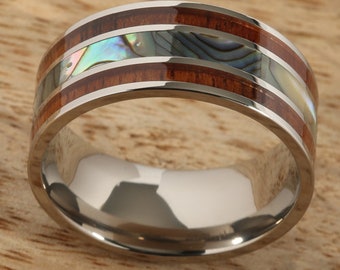 Titanium With Hawaiian Koa Wood Inlaid Abalone Shell 10mm,Flat Shape Comfort Fit