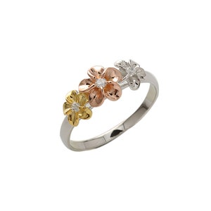 Sterling Silver Plumeria Clear CZ Ring  Tri-Color