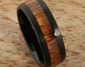 Tungsten Ring,Black Tungsten Ring, Men&#39;sTungsten Wedding Band,Hawaiian Koa Wood Ring, Men Wedding Band,Tungsten Koa wood Ring, 8mm