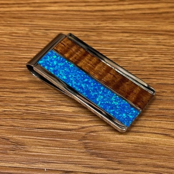 Men Gift, Stainless Steel Inlaid Koa Wood/ Blue Opal Money Clip