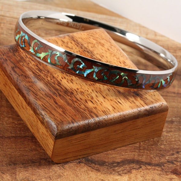 Wood Bangle,Abalone Wood Bangle, Hawaiian Bangle, Scrolls Bangle, Women Bracelet