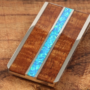 Men Gift, Stainless Steel Inlaid Koa Wood/ Blue Opal Money Clip