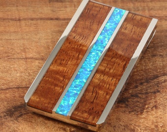 Men Gift, Stainless Steel Inlaid Koa Wood/ Blue Opal Money Clip