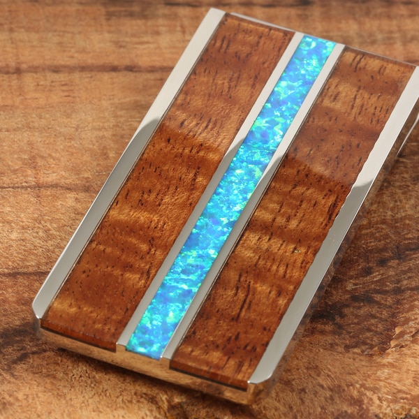 Men Gift, Stainless Steel Inlaid Koa Wood/ Blue Opal Money Clip
