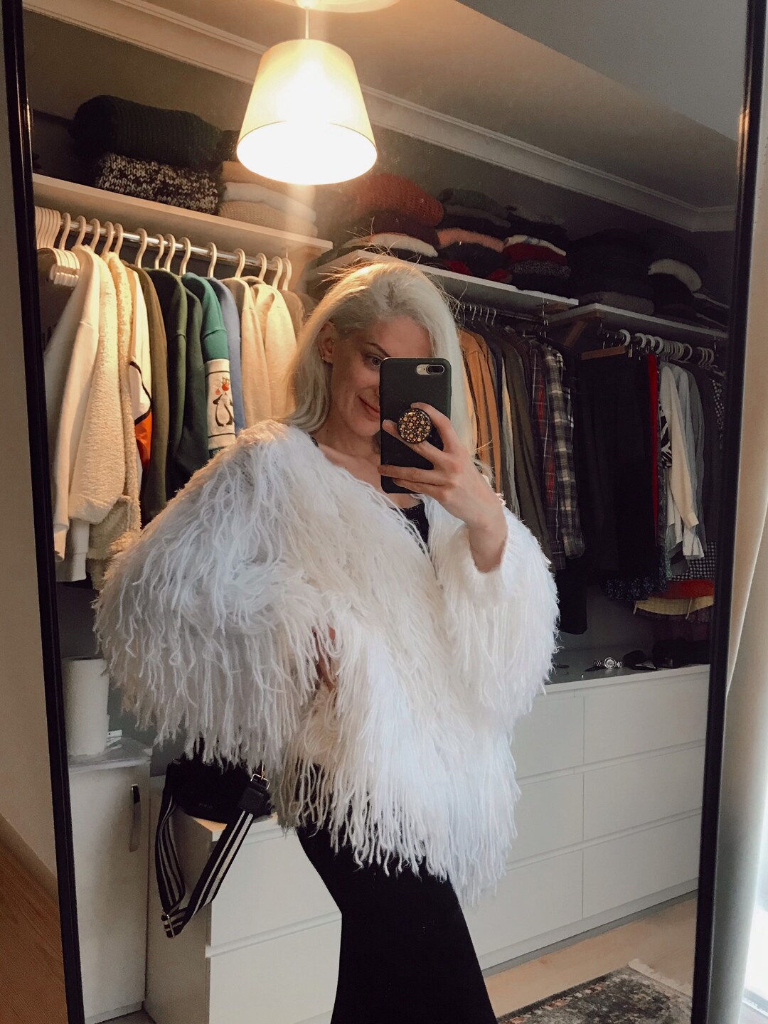 Fringe-Trimmed Coat with Embroidered Scarf Accent - White