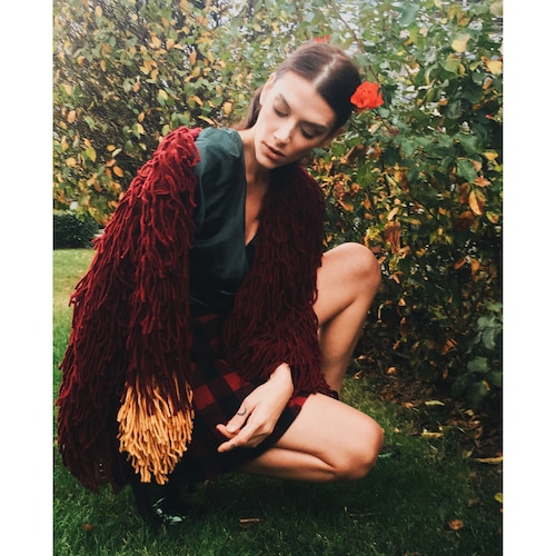 Mid Length Shaggy Jacket With Long Sleeves. Fringe Coat. Handknit