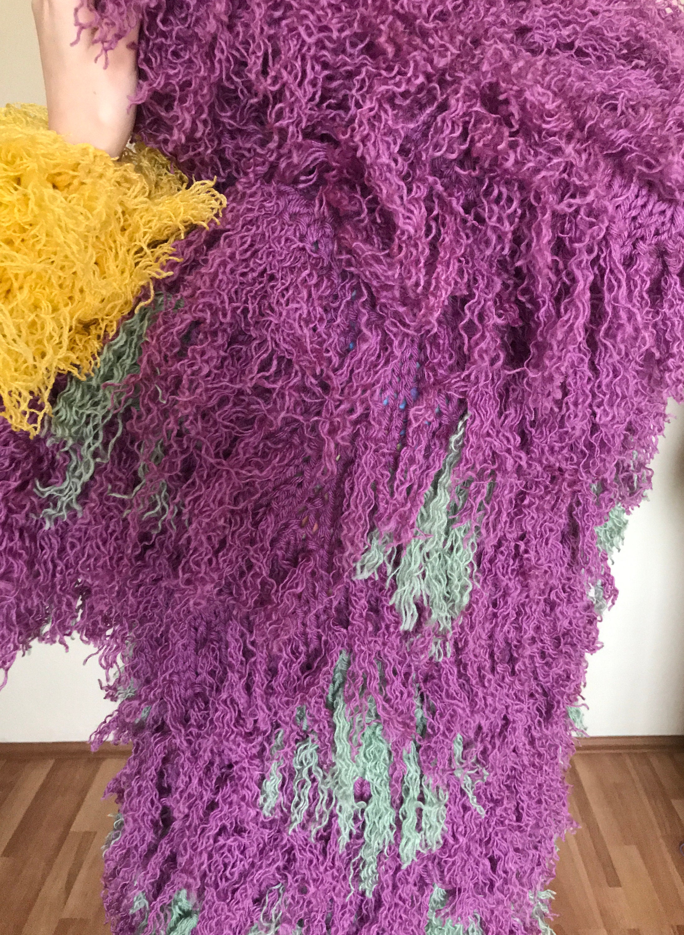 Purple Yellow Shaggy Coat Hooded Faux Fur Coat Mongolian Etsy