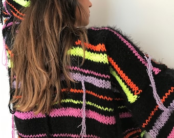 Sleeve Oversized Sweaters Fringe Cable Knit Sweater Neon Oversize