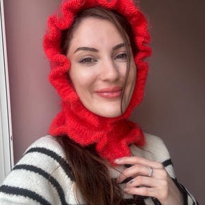 Red Frill Balaclava Knit Balaclava Knit Beanie Knit Helmet Red Knit Hat Crochet Balaclava