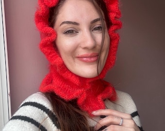 Red Frill Balaclava Knit Balaclava Knit Beanie Knit Helmet Red Knit Hat Crochet Balaclava