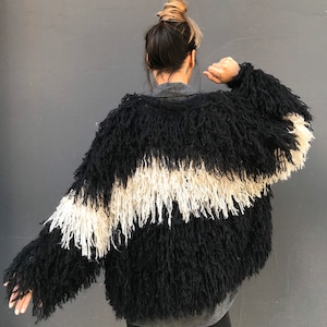 Hand Knit Cardigan, Black and White Cardigan, Fringe Coat, Shaggy Jacket, Vegan Fur Coat