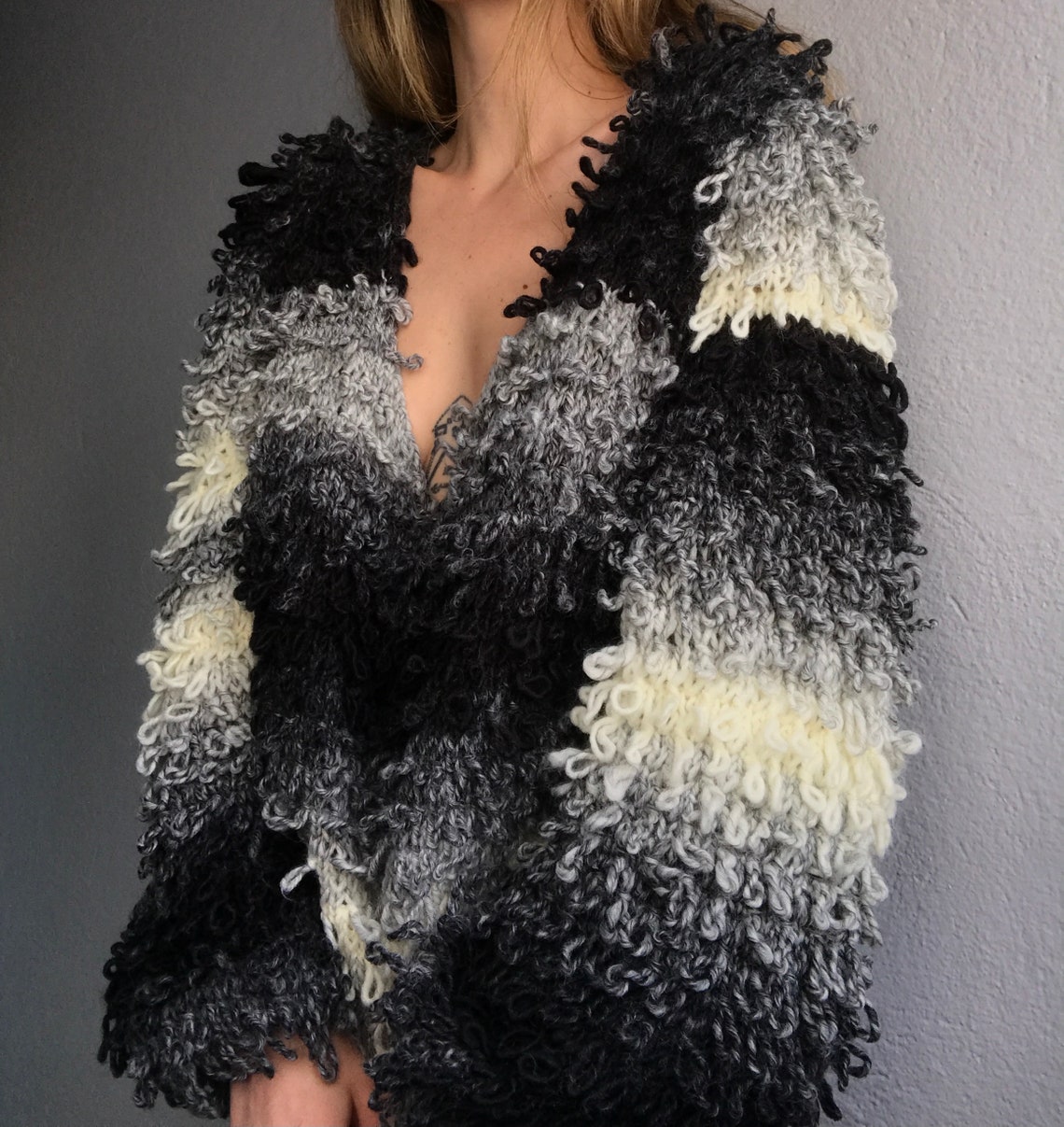 Handmade Ombre Sweater Shaggy Sweater Black and White Etsy