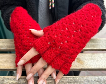 Crochet Fingerless Glove Red Glove